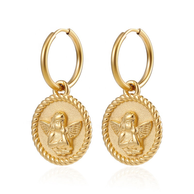 “Deux Chérubins” 18K Gold Plated Disc Drop Hoop Earrings