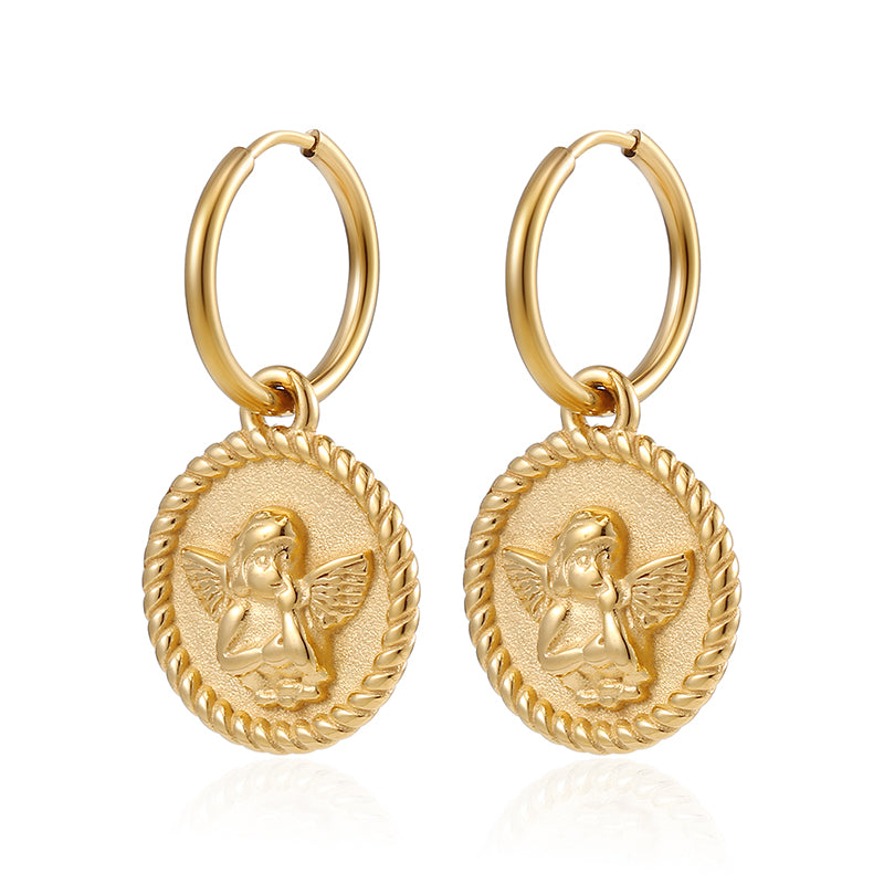 “Deux Chérubins” 18K Gold Plated Disc Drop Hoop Earrings
