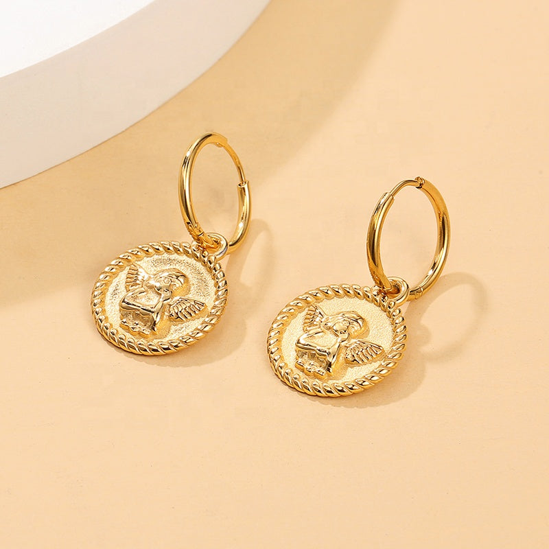 “Deux Chérubins” 18K Gold Plated Disc Drop Hoop Earrings