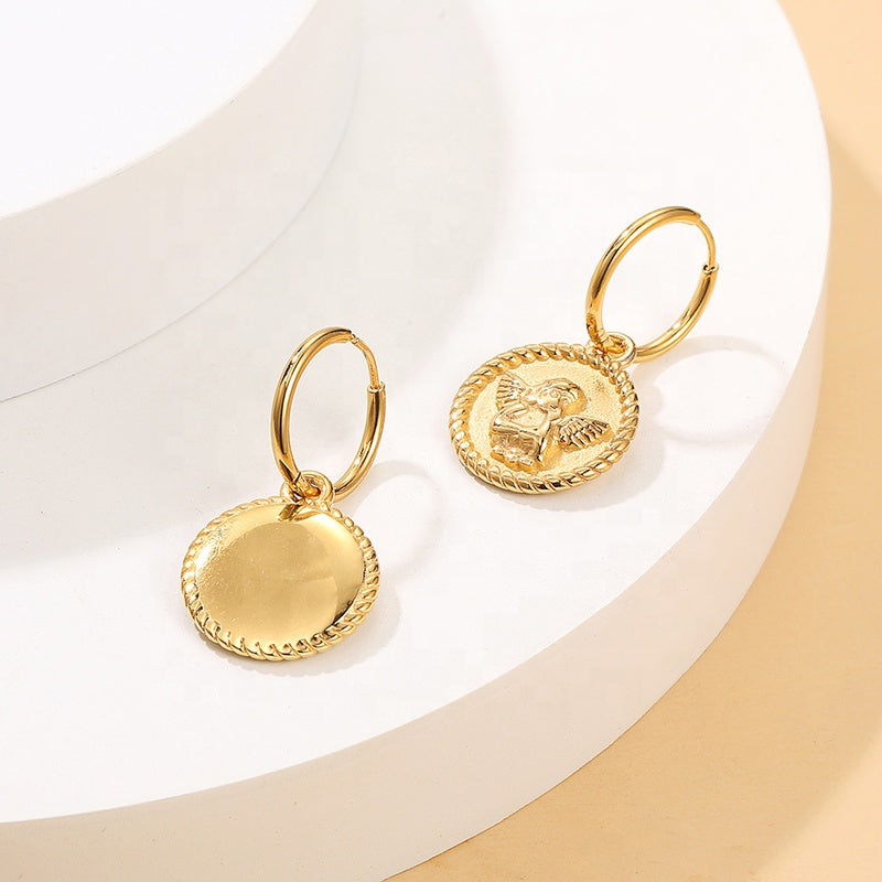 “Deux Chérubins” 18K Gold Plated Disc Drop Hoop Earrings