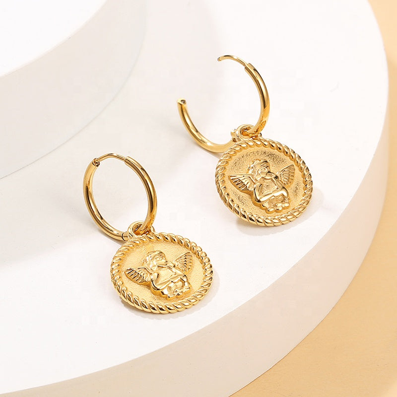 “Deux Chérubins” 18K Gold Plated Disc Drop Hoop Earrings