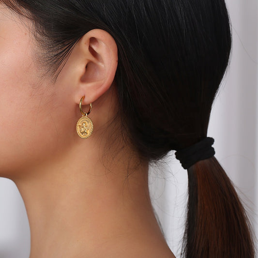 “Deux Chérubins” 18K Gold Plated Disc Drop Hoop Earrings